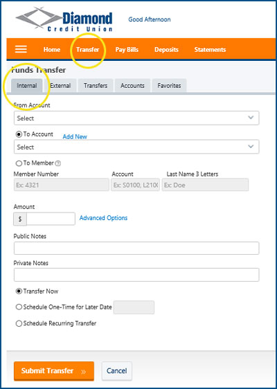 How to transfer money internally. screenshot of Funds Transfer page with "Transfer" and "Internal" circled in yellow.