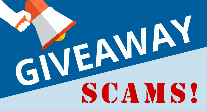 A rectangle graphic. The top left corner has a hand holding a megaphone that is orange towards the base and white on the cylinder part. There is a diagonal blue rectangle on the top half that has "GIVEAWAY" written in white along the border. The bottom white half has the word "SCAMS!" written in red.