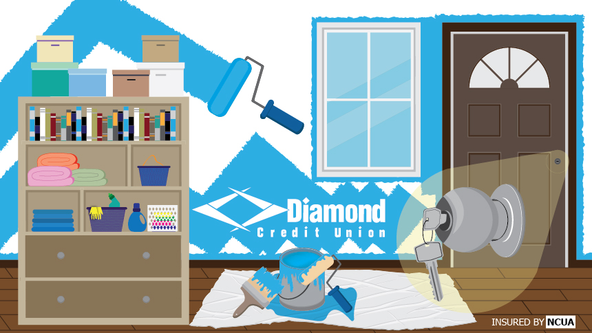 This is an illustration to represent home projects you should tackle first after buying a house. In the graphic, there is a room of a house with a brown front door to the right and a bookshelf on the left. The book shelf has books on the top and then towels and cleaning supplies on the shelves below. There is a paint can on the ground with blue paint and a roller as well as a paint brush. The walls are partially painted in the new blue color, painting over the white wall. The Diamond Credit Union logo is on the wall. In the bottom left corner is the disclosure, "Insured by NCUA"