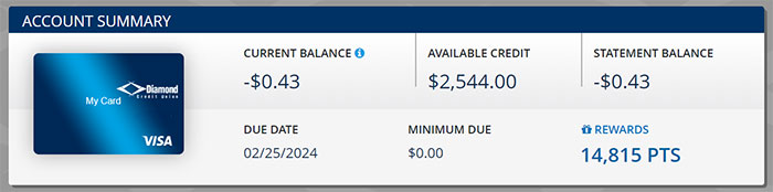 Credit card summary, including current balance, available credit, and rewards.