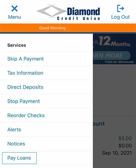 Pay Loans button on the mobile app.