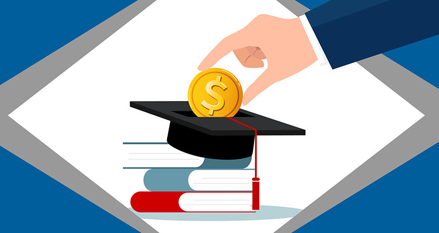 This graphic is to represent the blog, "Learning the Best Way to Pay Off Student Loans. The graphic shows a grey diamond, with the inside white. The corners of the graphic are a medium blue color. A hand is in the top right corner moving towards the center, holding a gold coin. The hand is placing the gold coin on top of a graduation cap that is on a stack of 3 books. The cap is like a piggy bank with an entrance at the top to place the coin in.