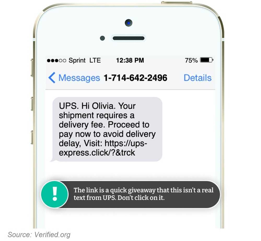 A common UPS text message scam that says your shipment requires you to pay a delivery fee.