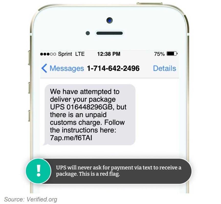 A common UPS text message scam that says, "We have attempted to deliver your package but there is an unpaid customs charge."